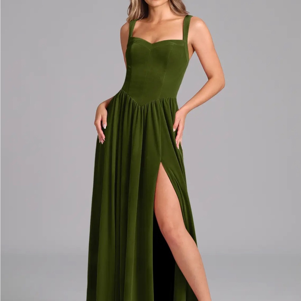 Azazie Olive Green Sweetheart Velvet Dress - Bridesmaid